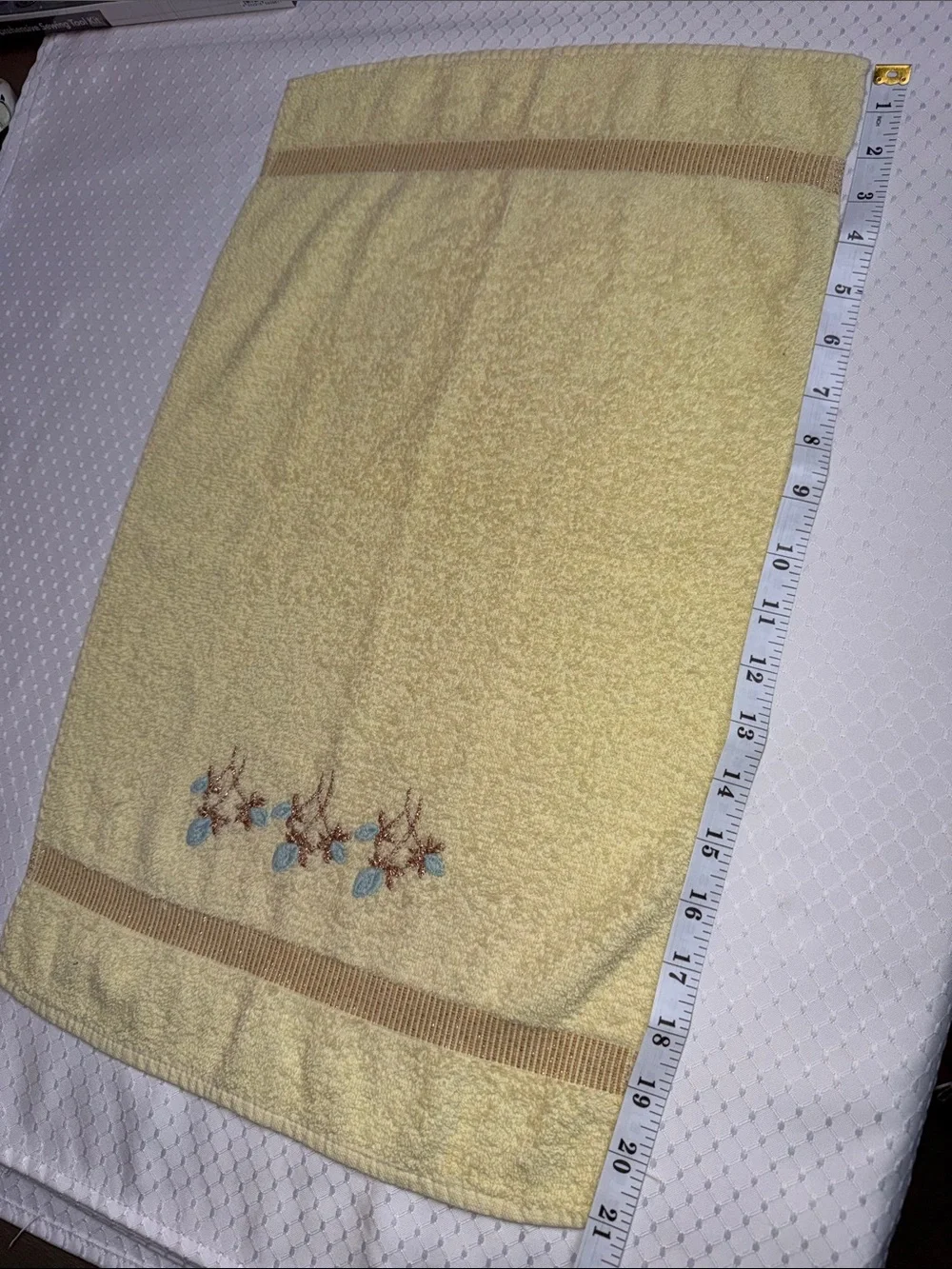 Cannon Vintage Yellow Embroidered Hand Towel with Blue flowers. Made in the USA